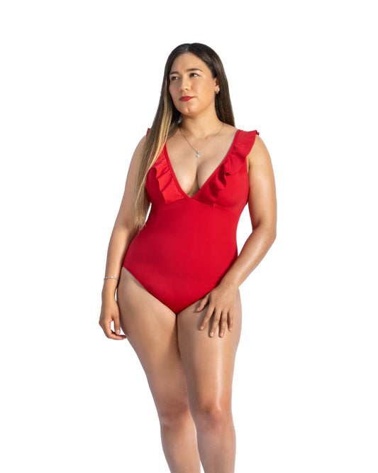 SW 914 TRAJE DE BAÑO ESCOTE V CON OLANES